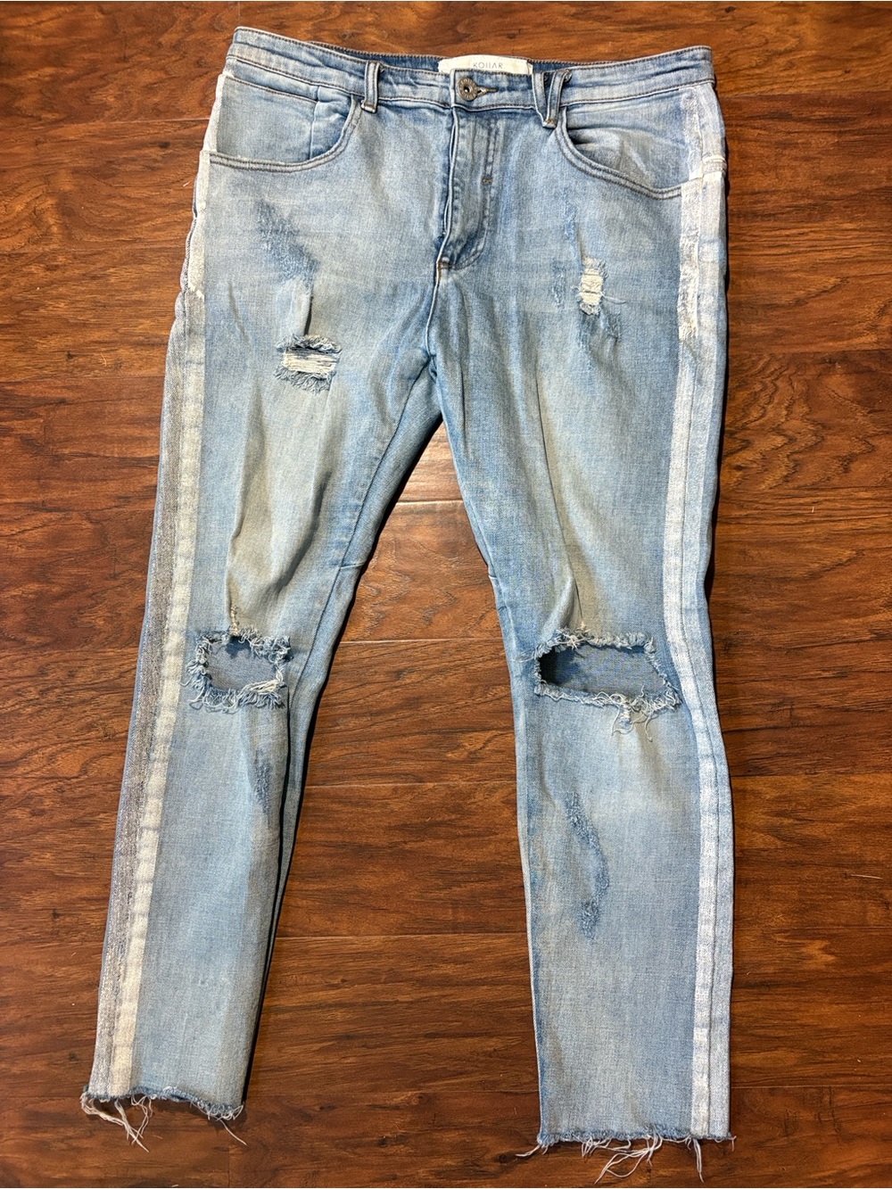 KOLLAR Light Blue Distressed Men's Jeans with Side Stripe
